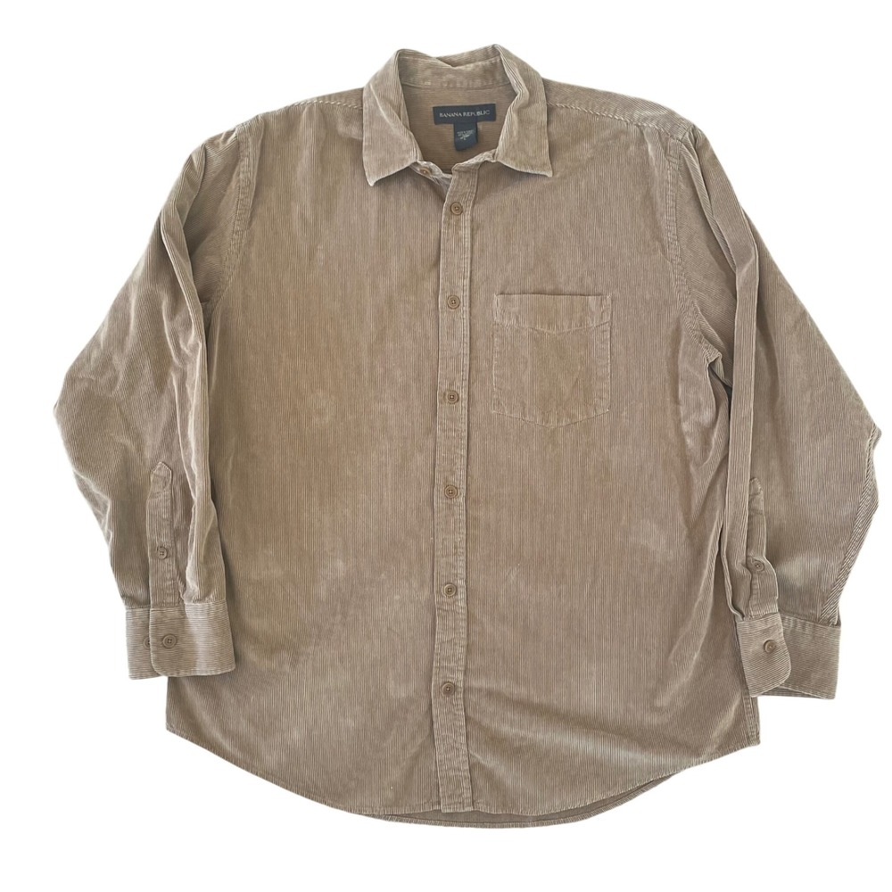 Vintage Banana Republic Men L Corduroy Shirt Button Long Sleeve‎ Tan Brown *READ